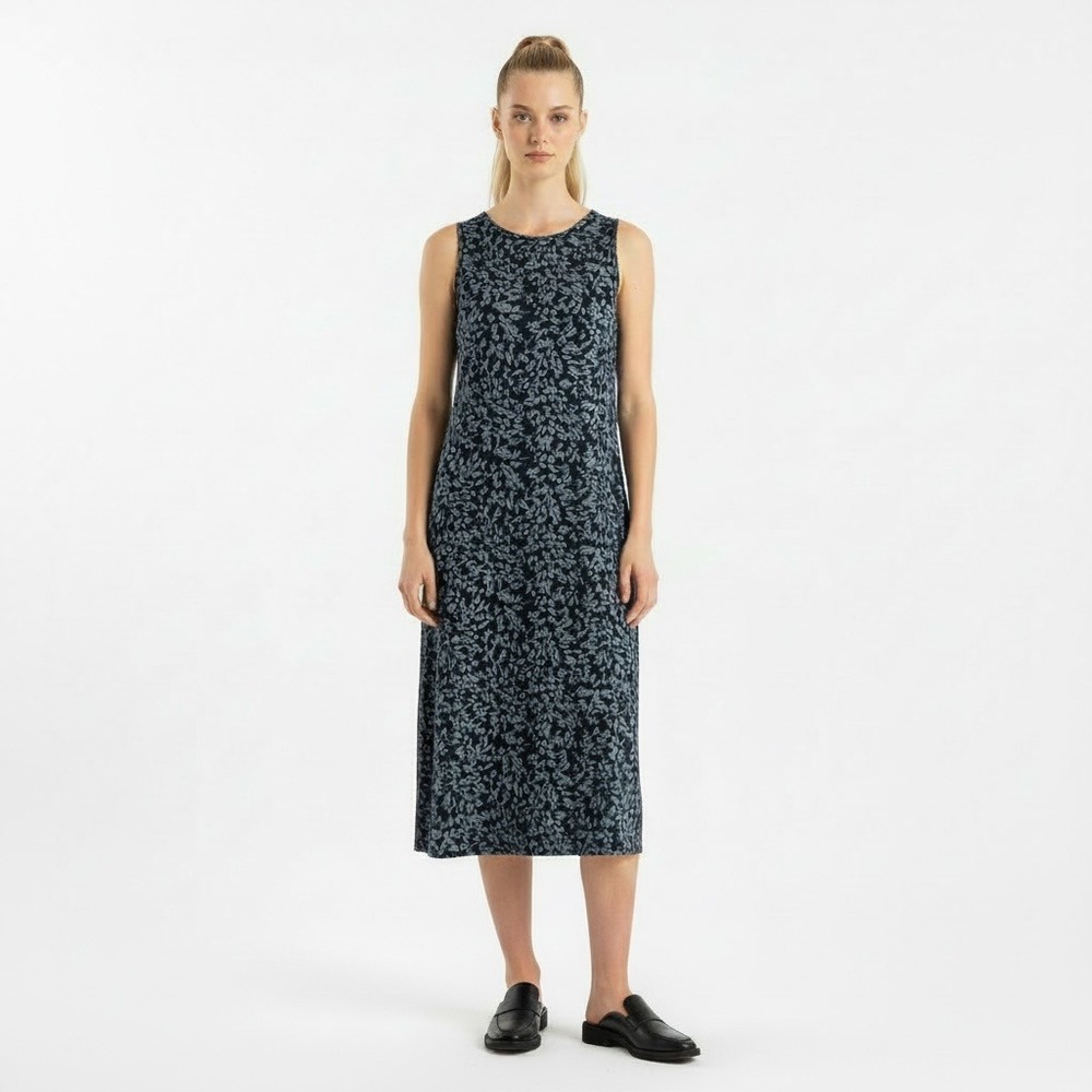 Vtge Y2K Cottagecore Liquid Knit 8 Navy Blue Floral Leaf Sleeveless Midi Dress